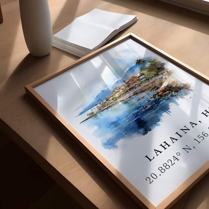 Lahaina traditional travel art - Maui, Lahaina Hawaii poster, Wedding gift, Birthday present, Custom Text, Personalised Gift