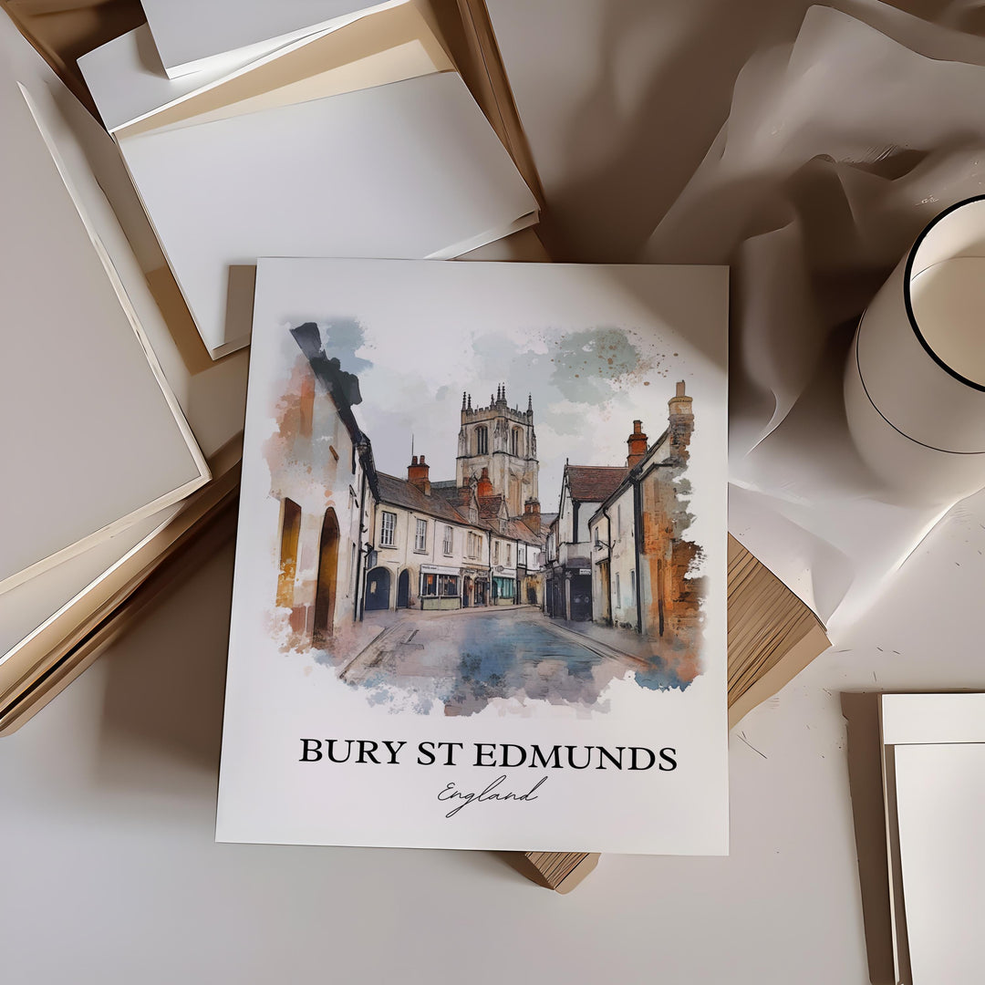 Bury St Edmunds Wall Art, West Suffolk Print, England Watercolor Art, Bury England Gift, Travel Print, Travel Poster, Housewarming Gift