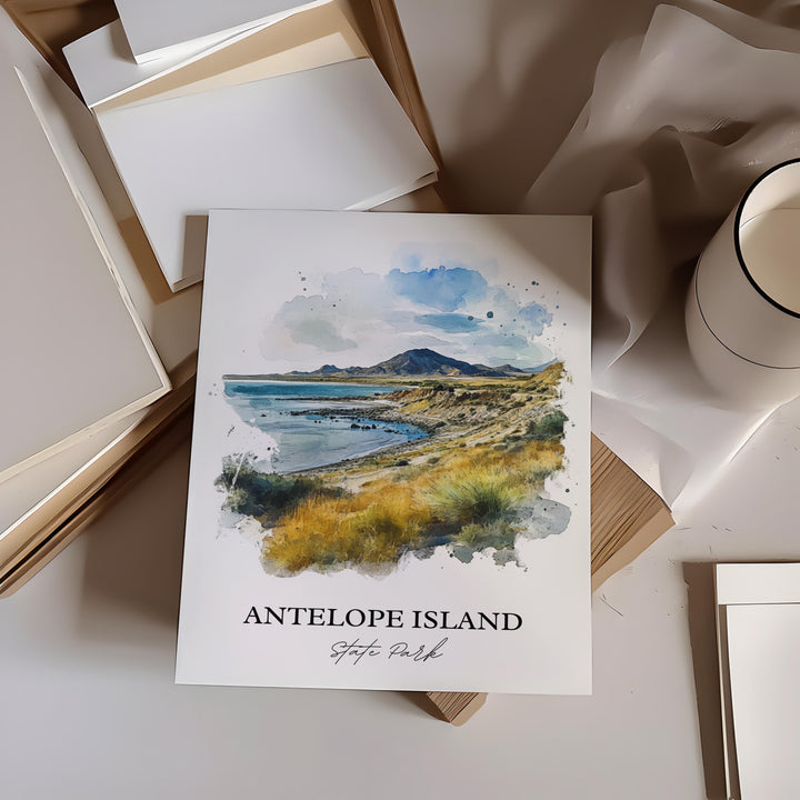 Antelope Island Wall Art, Great Salt Lake Print, Utah Watercolor Art, Antelope Island Gift, Travel Print, Travel Poster, Housewarming Gift