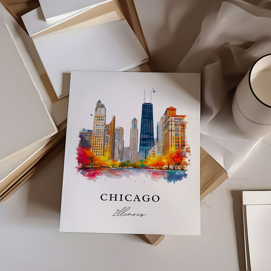 Chicago IL Wall Art, Chicago Print, Chicago Watercolor Art, Chicago Skyline Gift, Travel Print, Chicago Travel Poster, Housewarming Gift