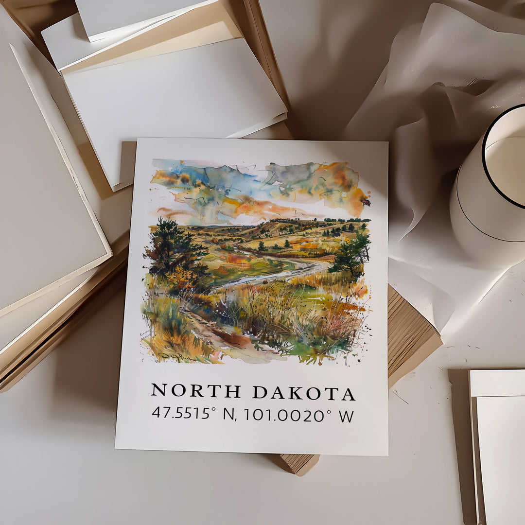 North Dakota wall art - North Dakota print with coordinates, Framed and Unframed Options - Personalization Available