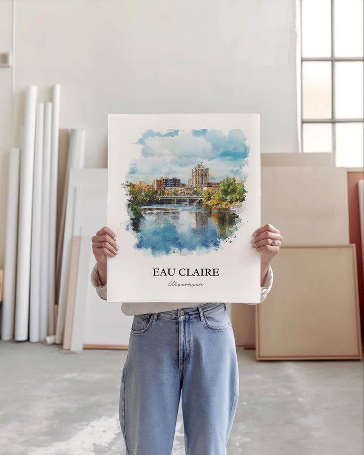 Eau Claire Wall Art, Eau Claire WI Print, Wisconsin Watercolor Art, Eau Claire WI Gift, Travel Print, Travel Poster, Housewarming Gift