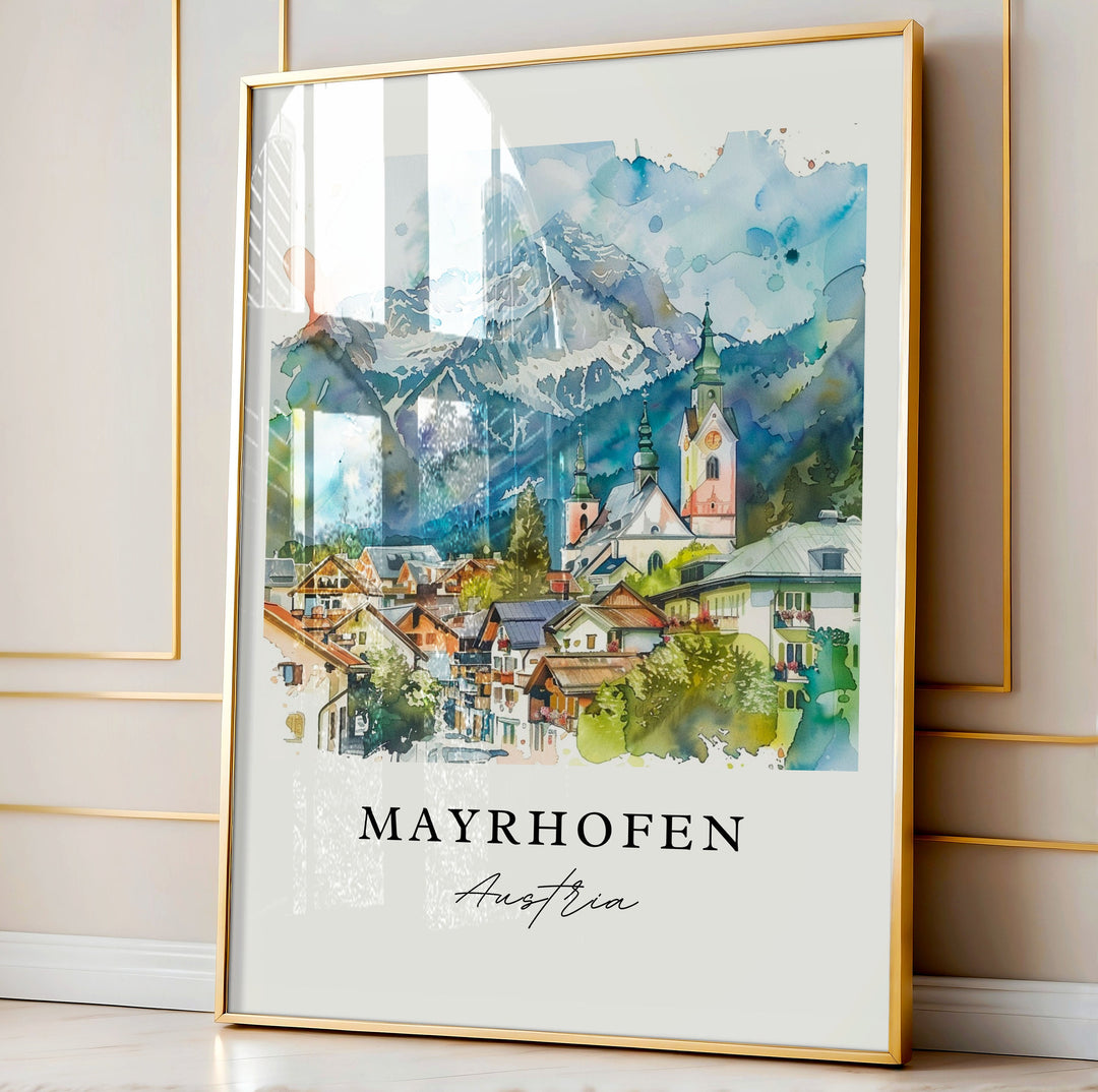 Mayrhofen Austria Wall Art, Mayrhofen Print, Austria Ski Watercolor, Zillertal Alps Gift,