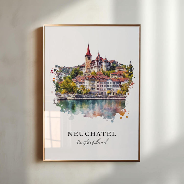 Neuchatel Wall Art, Neuchatel Print, Neuchatel Switzerland Watercolor, Neuchatel Gift,