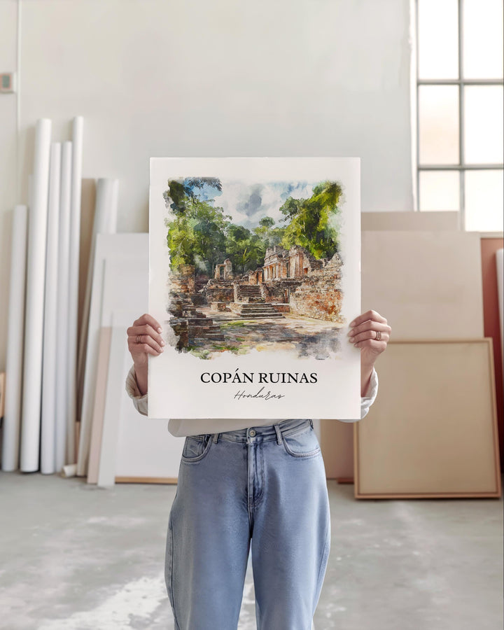 Copan Ruinas Wall Art, Honduras Print, Honduras Watercolor Art, Copan Ruinas Gift, Travel Print, Travel Poster, Housewarming Gift