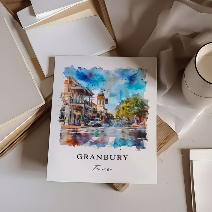 Granbury TX Wall Art, Hood County Texas Print, Granbury Watercolor Art, Granbury Texas Gift,