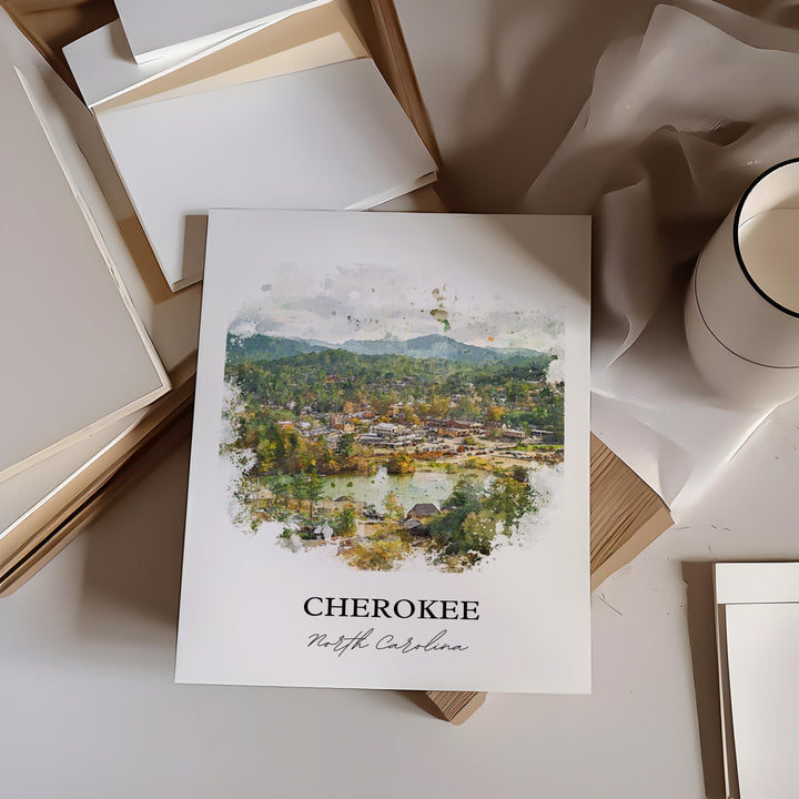 Cherokee NC Wall Art, Western NC Print, North Carolina Watercolor Art, Cherokee NC Gift, Travel Print, Travel Poster, Housewarming Gift