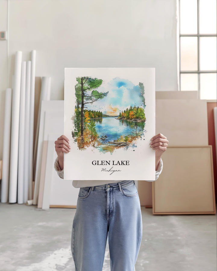 Glen Lake Wall Art, Leelanau Print, Michigan Watercolor Art, Glen Lake Michigan Gift, Travel Print, Travel Poster, Housewarming Gift