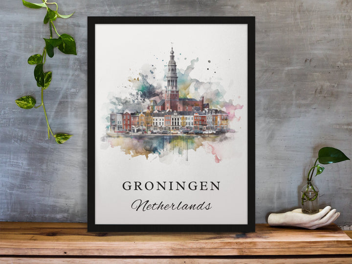 Groningen traditional travel art - Netherlands, Groningen poster, Wedding gift, Birthday present, Custom Text, Personalised Gift