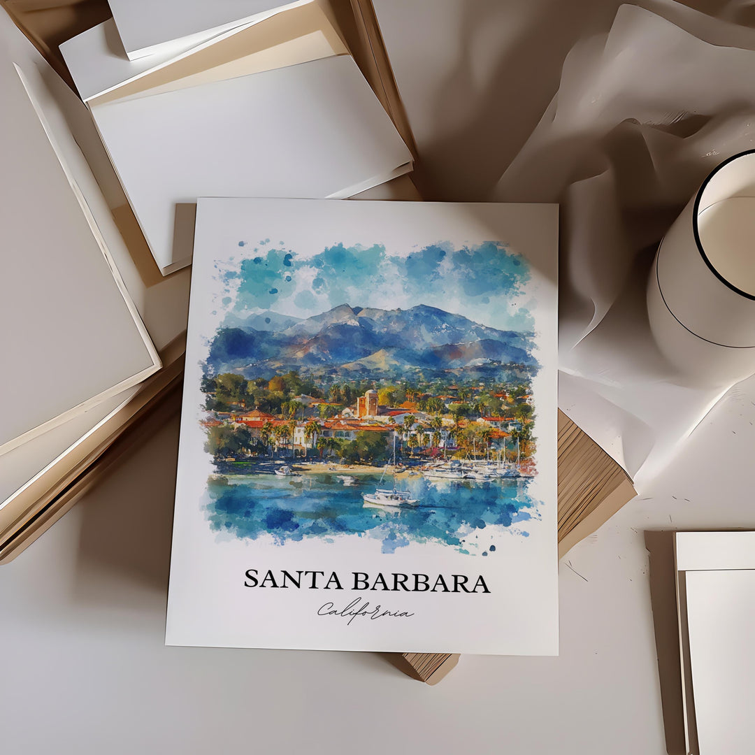 Santa Barbara Wall Art, California Print, Santa Barbara Watercolor Art, Santa Barbara Gift, Travel Print, Travel Poster, Housewarming Gift