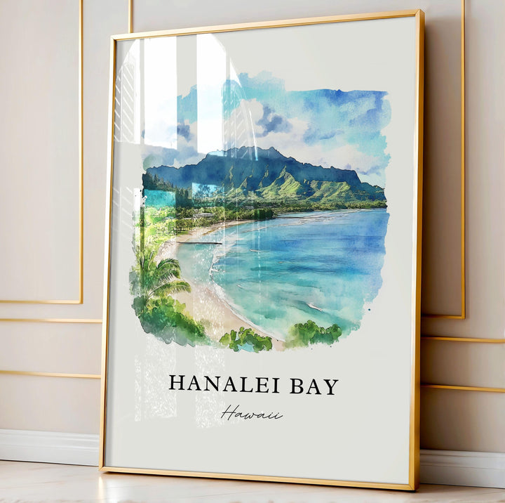 Hanalei Bay Wall Art, Hanalei Bay Print, Kauai Island Watercolor Art, Kauai Hawaii Gift,