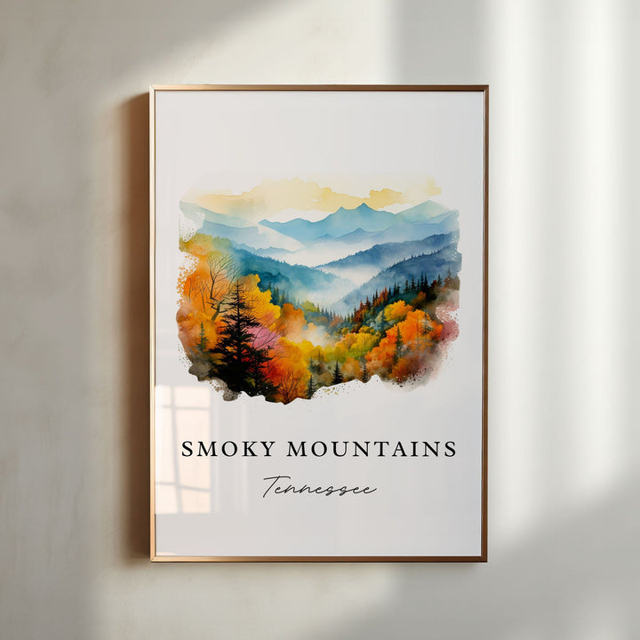 Great Smoky Mountains traditional travel art - Tennessee, Smoky Mtn poster print, Wedding gift, Birthday present, Custom Text, Perfect Gift