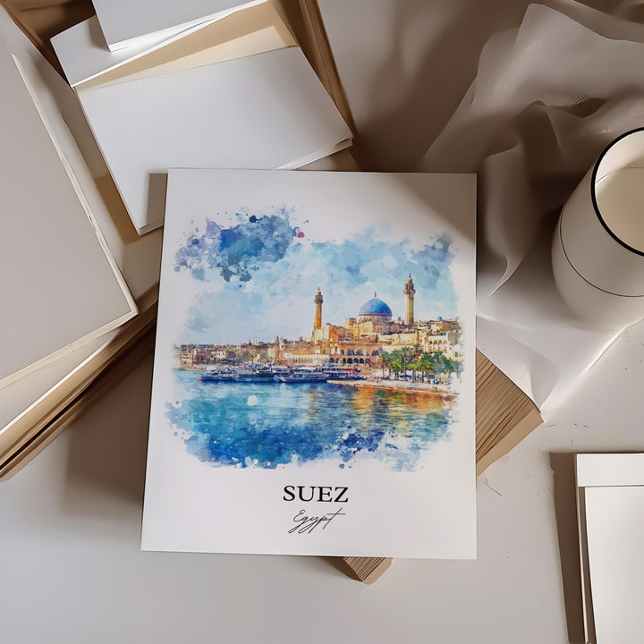 Suez Egypt Wall Art, Suez Canal Print, Egypt Watercolor Art, Suez Egypt Gift, Travel Print, Travel Poster, Housewarming Gift