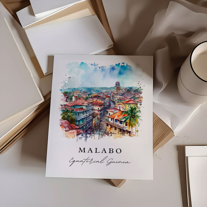 Malabo watercolor travel art - Equitorial Guinea, Malabo print, Wedding gift, Birthday present, Custom Text, Perfect Gift