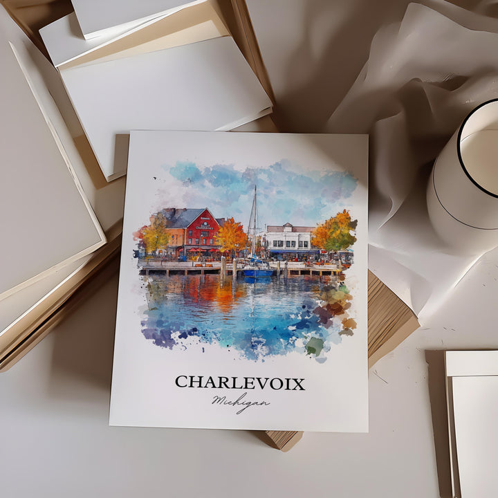 Charlevoix MI Wall Art, Michigan Print, Michigan Watercolor Art, Charlevoix Michigan Gift, Travel Print, Travel Poster, Housewarming Gift