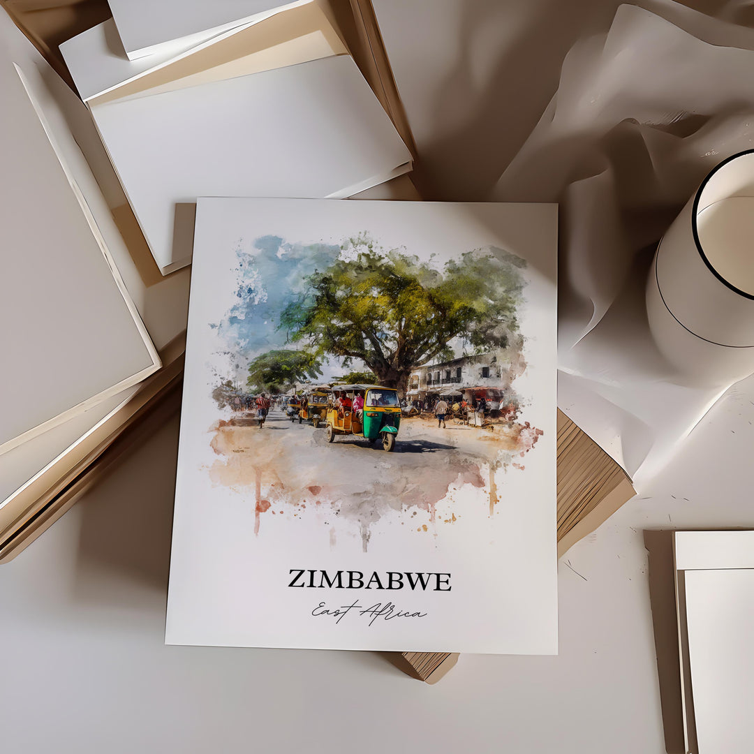 Zimbabwe Wall Art, Zimbabwe Print, Zimbabwe Watercolor Art, Zimbabwe Country Gift, Travel Print, Travel Poster, Housewarming Gift