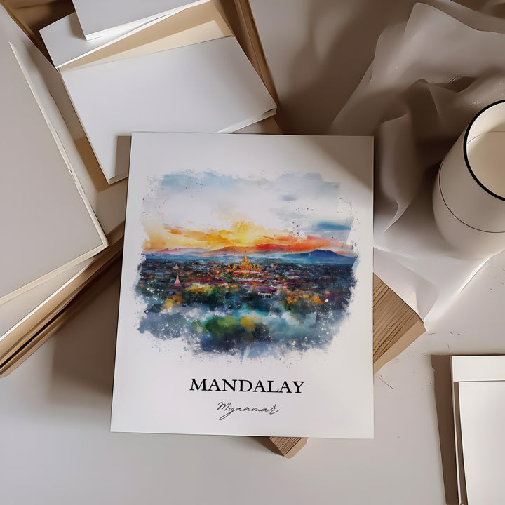Mandalay Myanmar Wall Art, Myanmar Print, Myanmar Watercolor Art, Mandalay Gift, Travel Print, Travel Poster, Housewarming Gift
