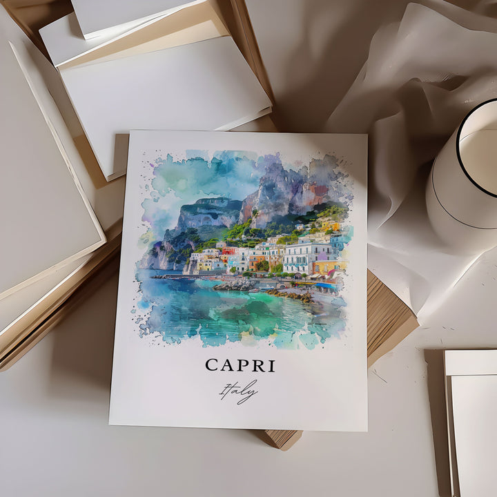 Capri Italy Wall Art, Capri Print, Bay of Naples Watercolor Art, Capri Island Gift,