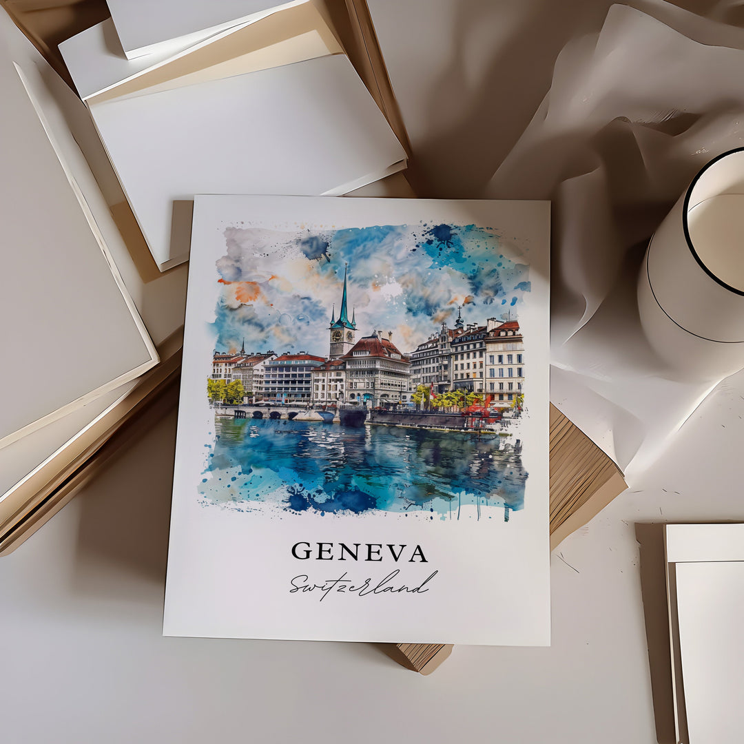 Geneva Wall Art, Geneva Switzerland Print, Geneva Watercolor, Geneva Gift,