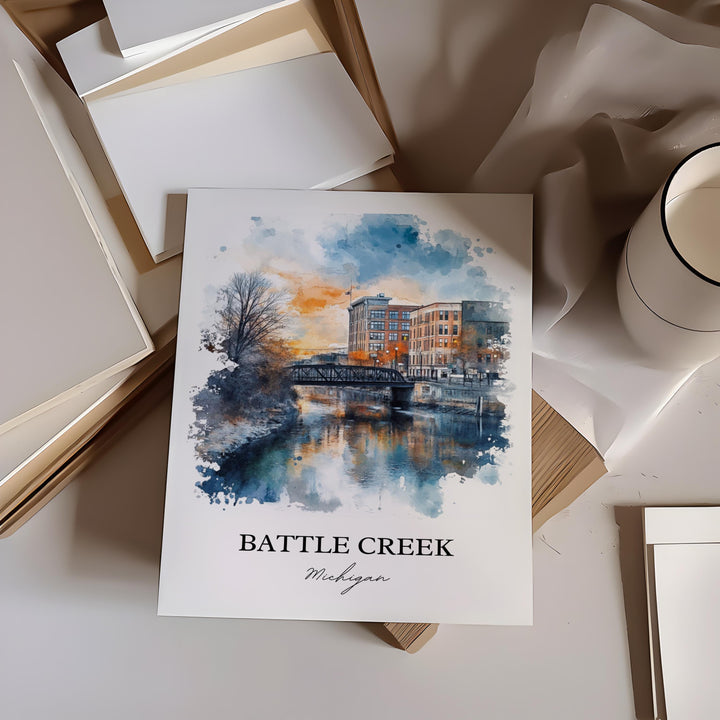 Battle Creek MI Wall Art, Calhoun County Print, Michigan Watercolor, Battle Creek MI Gift, Travel Print, Travel Poster, Housewarming Gift