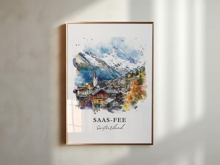 Saas-Fee Wall Art, Saas-Fee Print, Saas-Fee Switzerland Watercolor, Swiss Alps Gift,