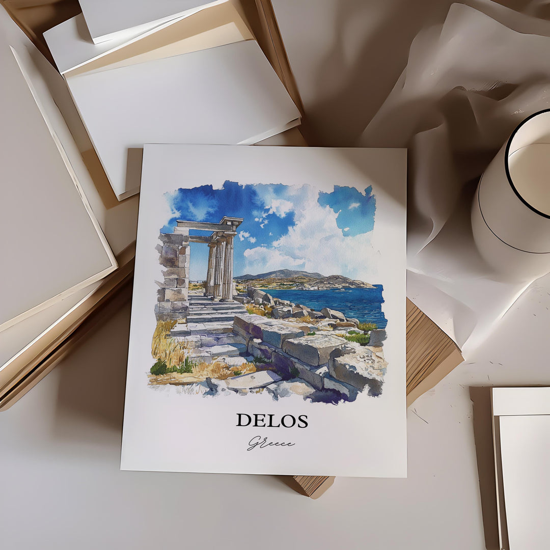Delos Greece Wall Art, Mykonos Print, Greece Watercolor Art, Delos Greece Gift, Travel Print, Travel Poster, Housewarming Gift