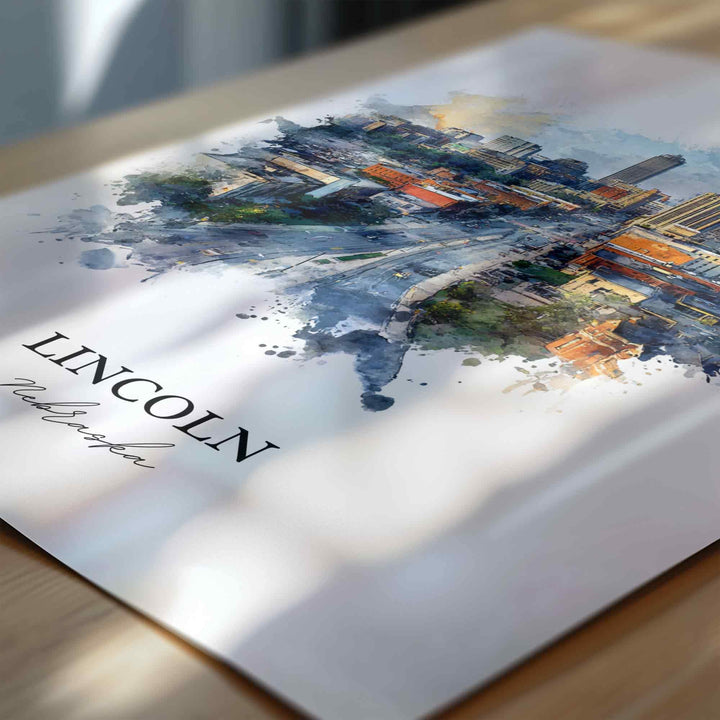 Lincoln NE Wall Art, Lincoln Print, Nebraska Watercolor Art, Lincoln Nebraska Skyline Gift, Travel Print, Travel Poster, Housewarming Gift