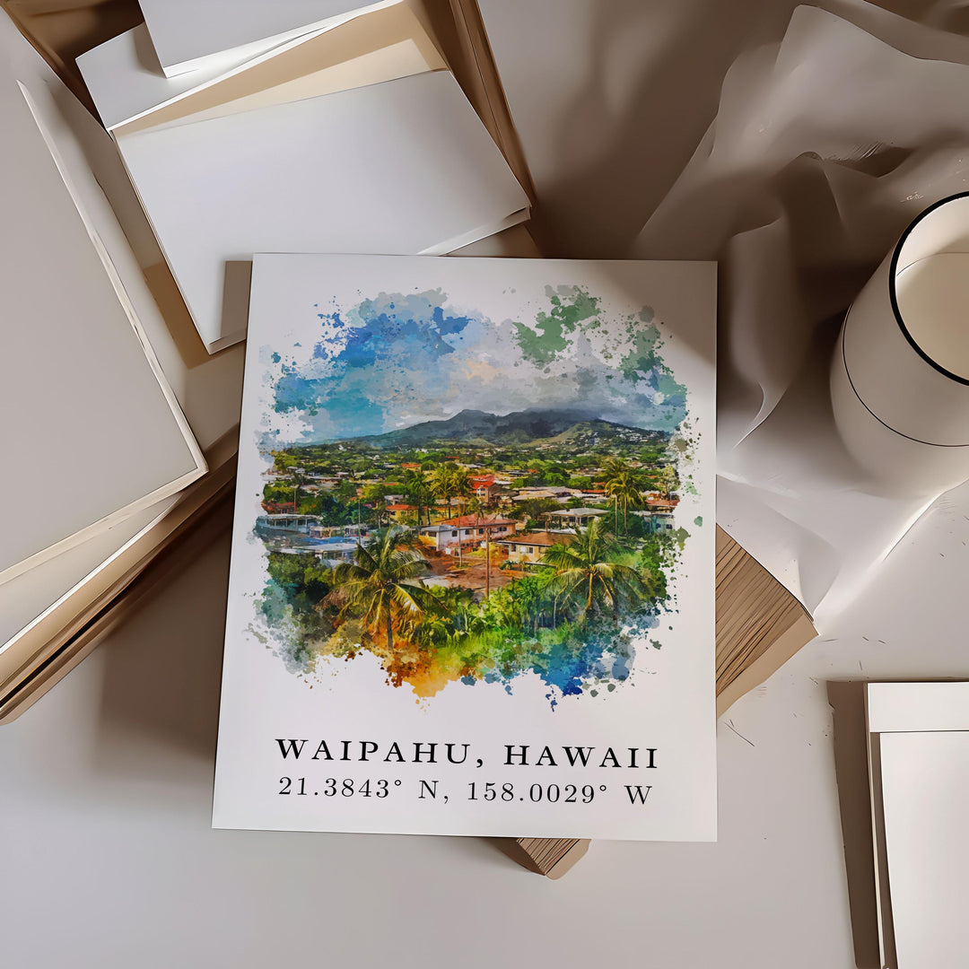 Waipahu Wall Art, Waipahu Print, Oahu Watercolor Art, Oahu Hawaii Gift, Travel Poster, Housewarming Gift
