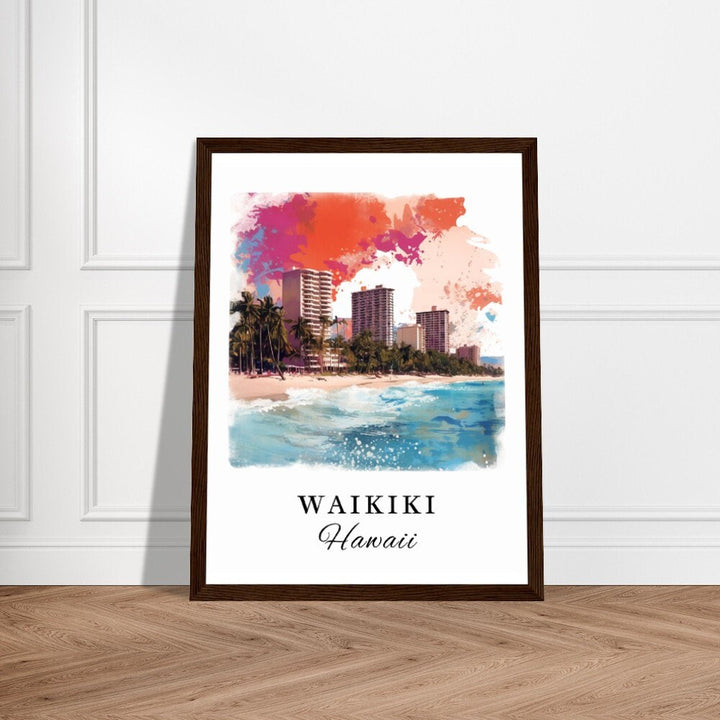 Waikiki traditional travel art - Hawaii, Waikiki poster, Wedding gift, Birthday present, Custom Text, Personalised Gift