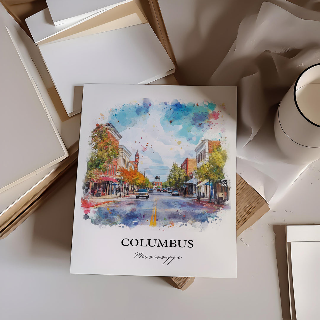 Columbus MS Art, Lowndes County Print, Mississippi Watercolor, Columbus Mississippi Gift, Travel Print, Travel Poster, Housewarming Gift