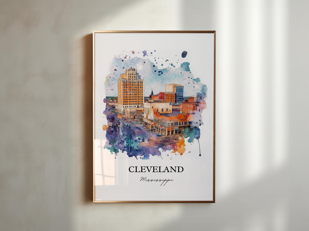 Cleveland MS Wall Art, Bolivar County Print, Mississippi Watercolor, Cleveland Miss. Gift, Travel Print, Travel Poster, Housewarming Gift