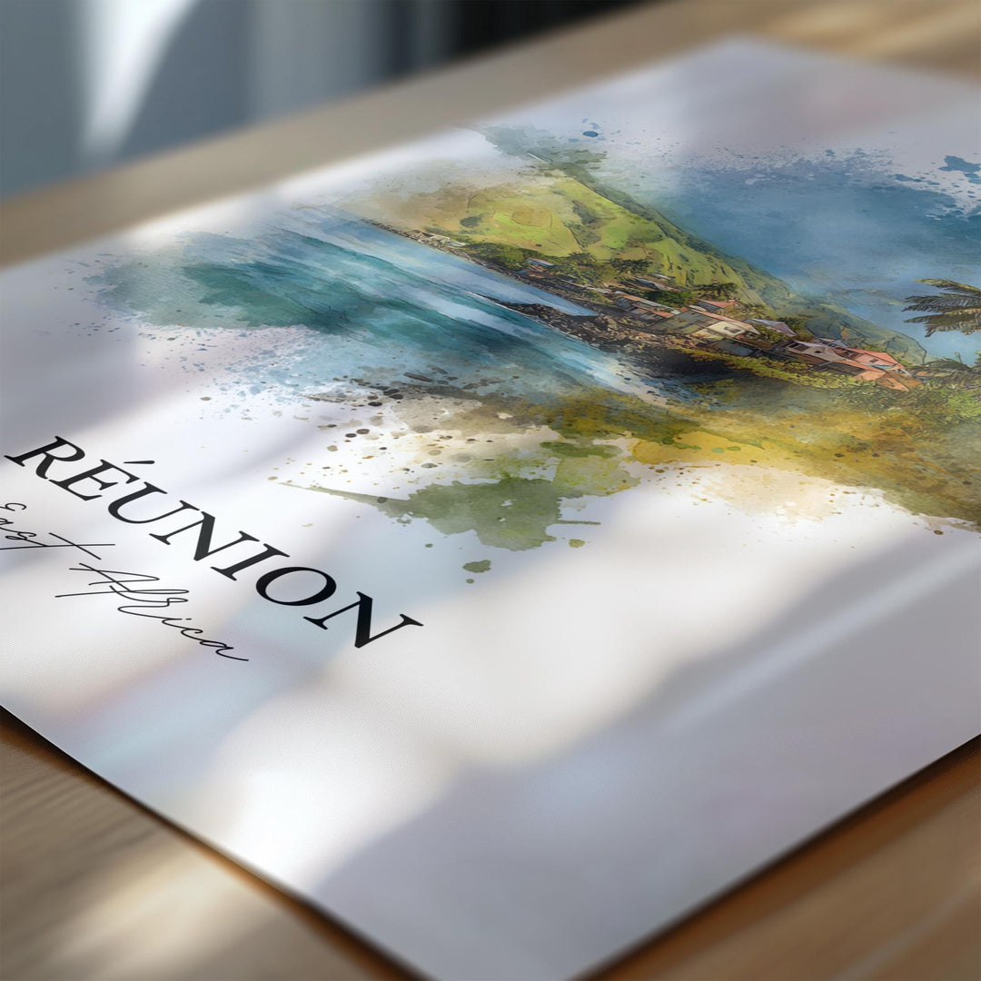 Réunion Wall Art, Réunion Print, East Africa Watercolor Art, Réunion Africa Gift, Travel Print, Travel Poster, Housewarming Gift