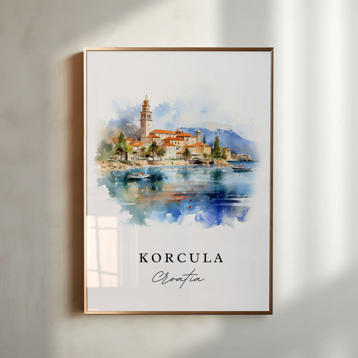 Korcula traditional travel art - Croatia, Korcula poster print, Wedding gift, Birthday present, Custom Text, Perfect Gift