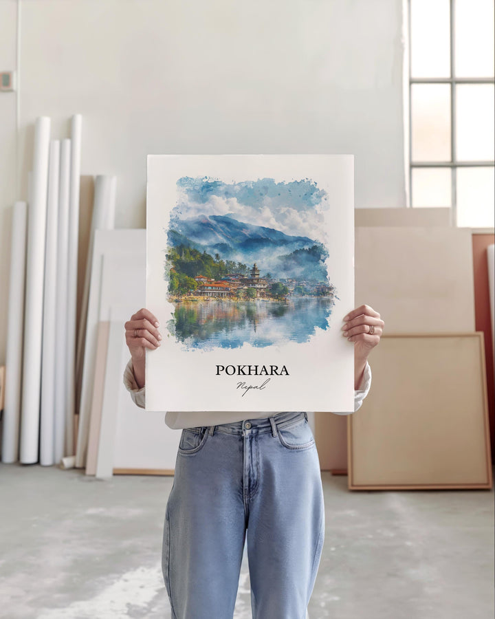 Pokhara Wall Art, Pokhara Nepal Print, Nepal Watercolor Art, Pokhara Nepal Gift, Travel Print, Travel Poster, Housewarming Gift