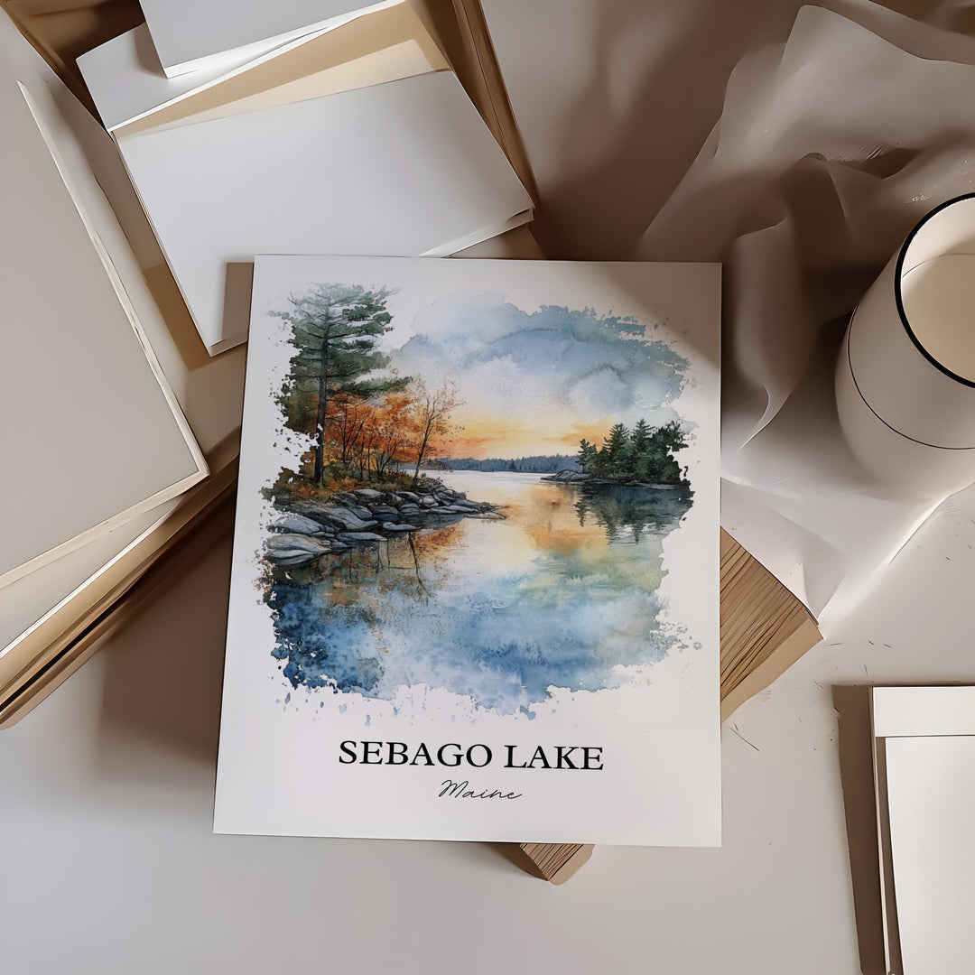 Sebago Lake Wall Art, Casco Maine Print, Maine Watercolor Art, Sebago Lake Gift, Travel Print, Travel Poster, Housewarming Gift