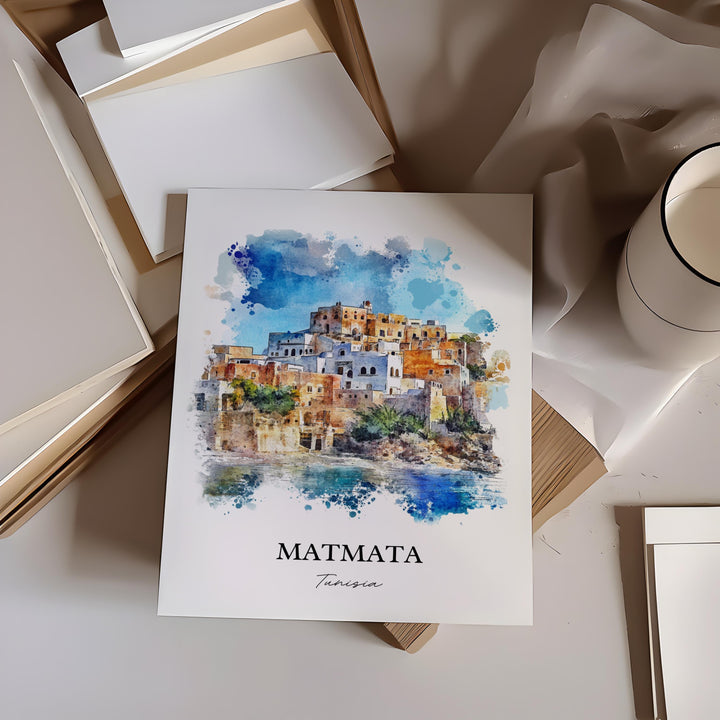 Matmata Wall Art, Southern Tunisia Print, Tunisia Watercolor Art, Matmata Tunisia Gift, Travel Print, Travel Poster, Housewarming Gift