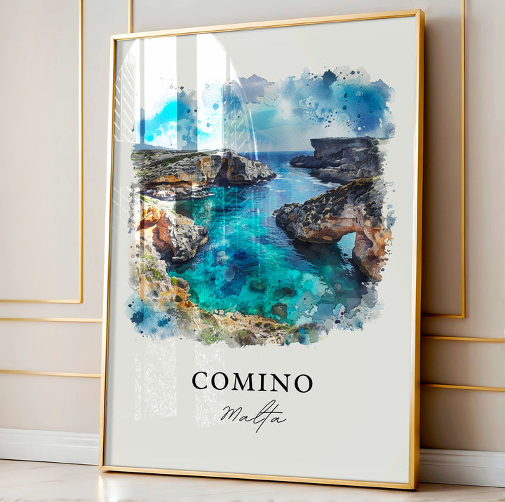 Comino Malta Wall Art, Comino Print, Comino Watercolor, Comino Malta Gift, Travel Poster, Housewarming Gift