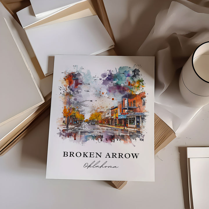 Broken Arrow OK Wall Art, Broken Arrow  Print, Oklahoma Watercolor, Tulsa OK Gift, Travel Poster, Housewarming Gift