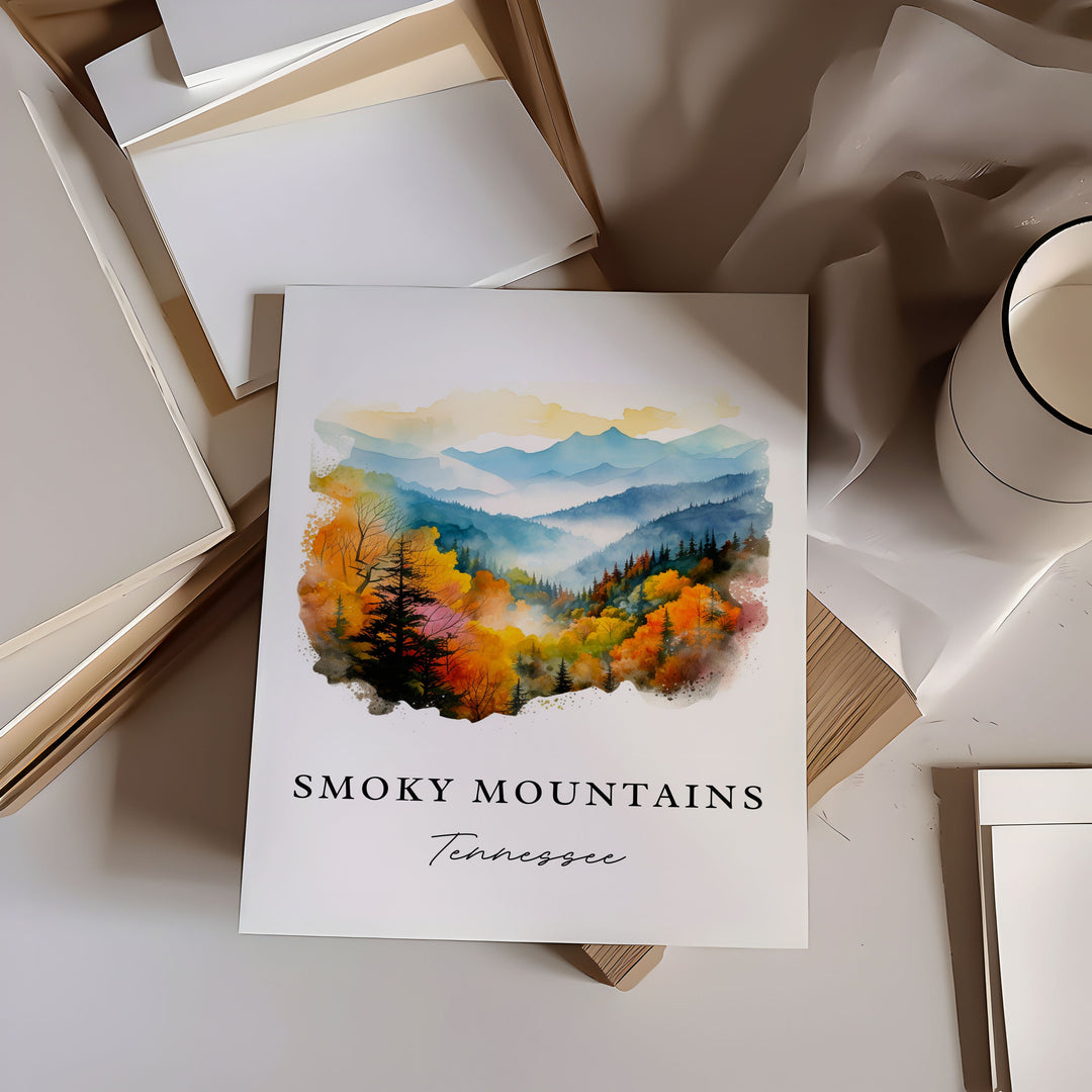 Great Smoky Mountains traditional travel art - Tennessee, Smoky Mtn poster print, Wedding gift, Birthday present, Custom Text, Perfect Gift