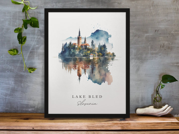 Lake Bled traditional travel art - Slovenia, Lake Bled poster, Wedding gift, Birthday present, Custom Text, Personalised Gift