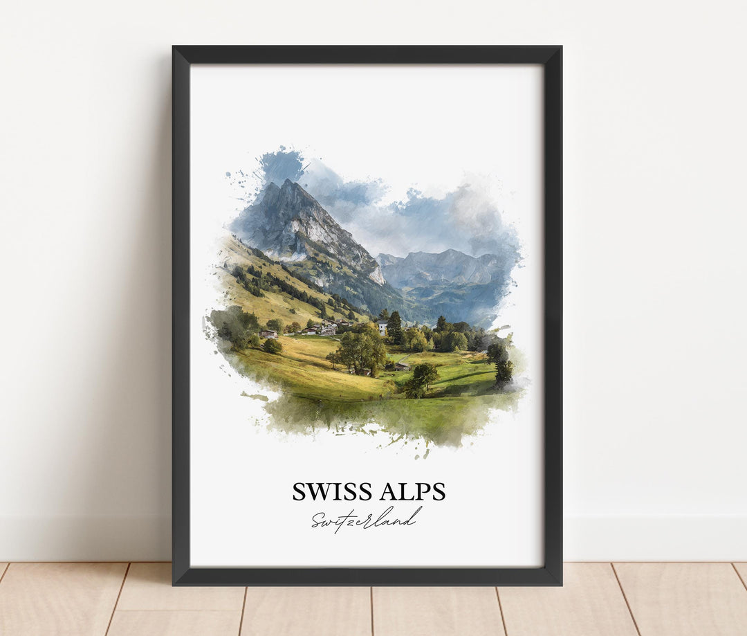 Swiss Alps Wall Art, Switzerland Print, Swiss Alps Watercolor Art, Swiss Alps Gift, Travel Print, Travel Poster, Housewarming Gift