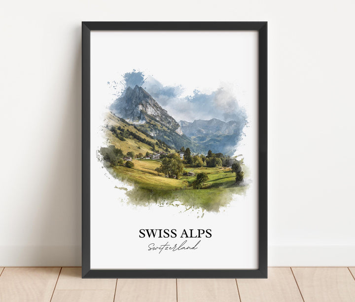 Swiss Alps Wall Art, Switzerland Print, Swiss Alps Watercolor Art, Swiss Alps Gift, Travel Print, Travel Poster, Housewarming Gift