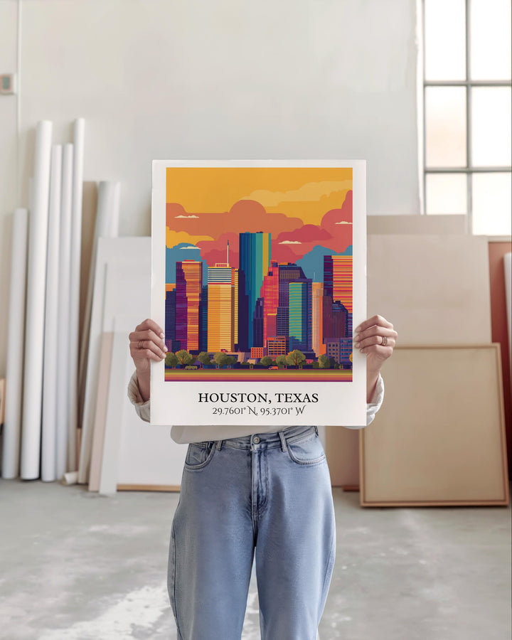Houston Art, Houston Texas Retro Travel Art, Houston Home Decor, Houston Texas Gift, Texas Travel Art, Travel Prints, Housewarming Gift
