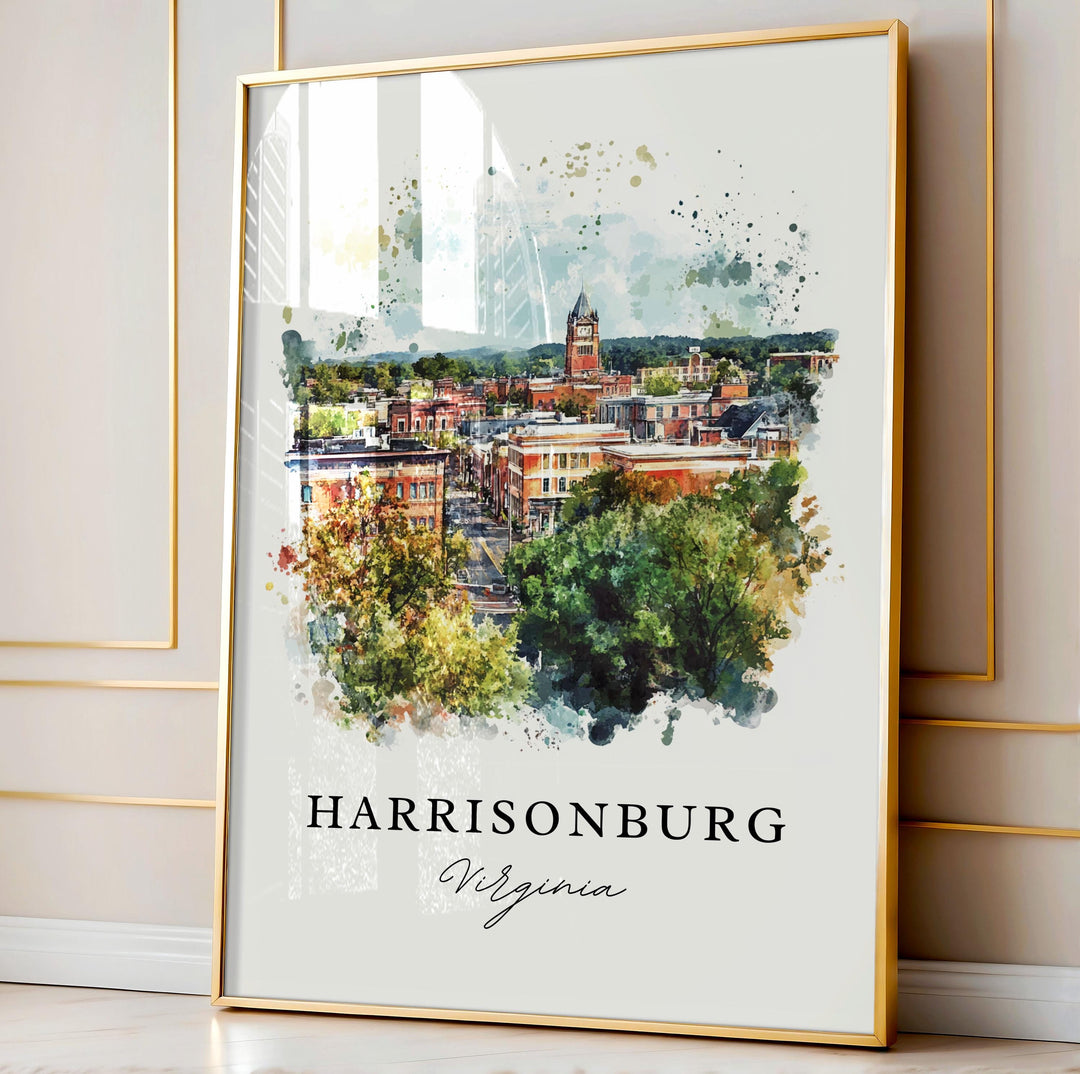 Harrisonburg VA Wall Art, Harrisonburg Print, College Town Watercolor Art, Harrisonburg Virginia Gift, Travel Poster, Housewarming Gift