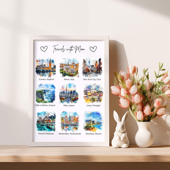 Custom Mom Gift, Travels with Mom Art, Mothers Day Print, Travel Watercolor Poster, Travels with Mom, Gift for Her, Housewarming Art