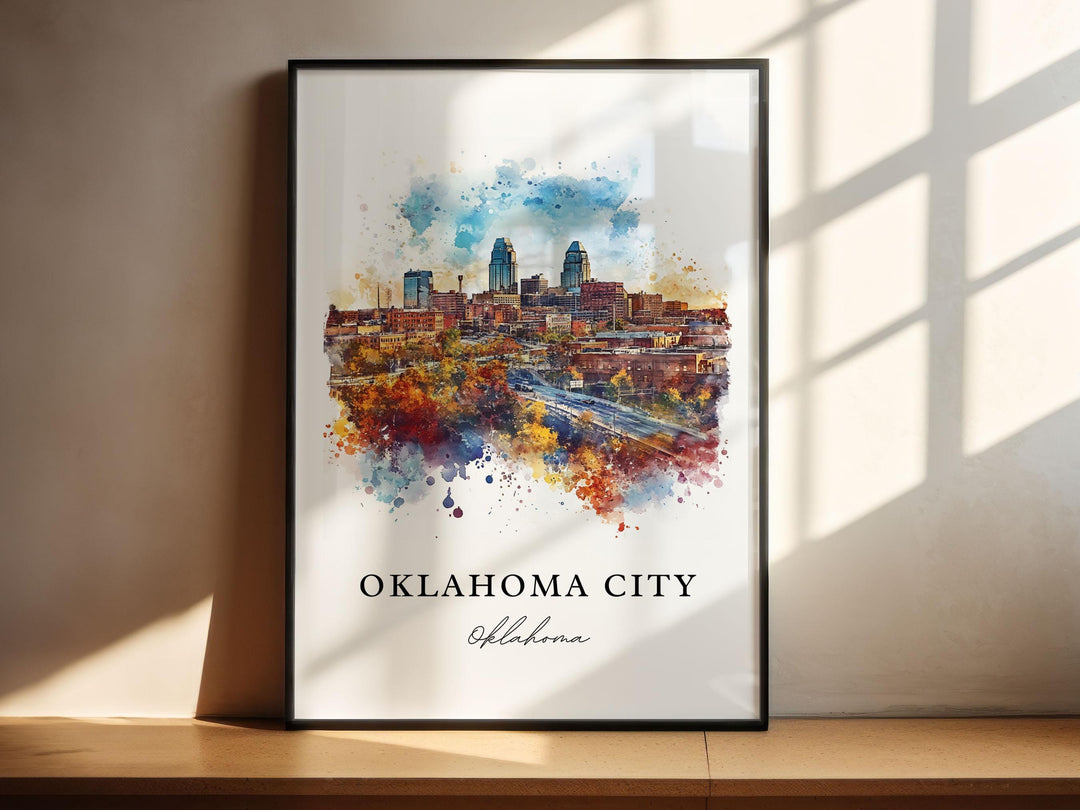 Oklahoma City Wall Art, OKC Print, Oklahoma City Watercolor Art, OKC Skyline Gift,