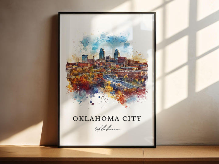 Oklahoma City Wall Art, OKC Print, Oklahoma City Watercolor Art, OKC Skyline Gift,