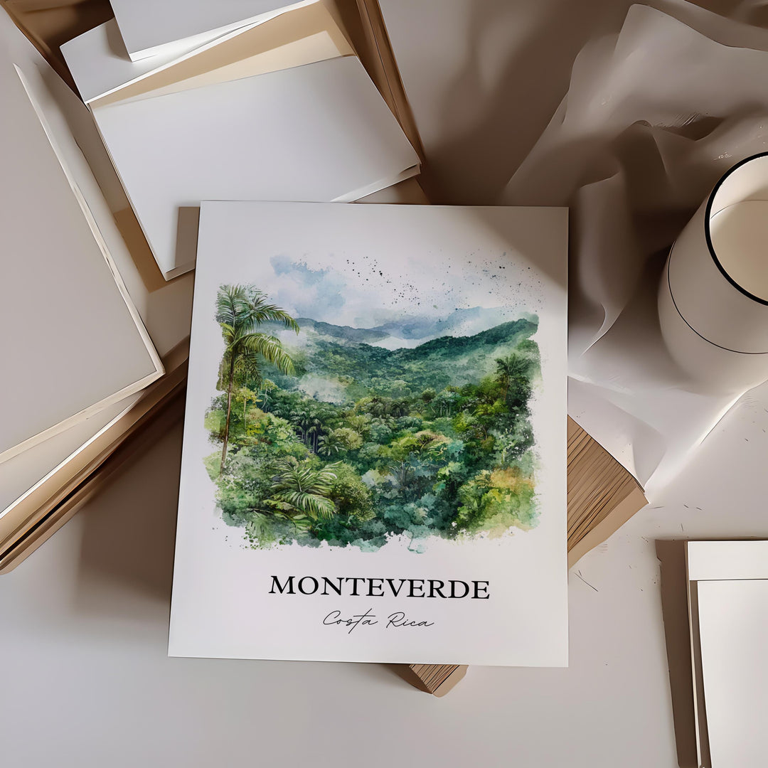 Monteverde Wall Art, Puntarenas Print, Costa Rica Watercolor Art, Monteverde CR Gift, Travel Print, Travel Poster, Housewarming Gift