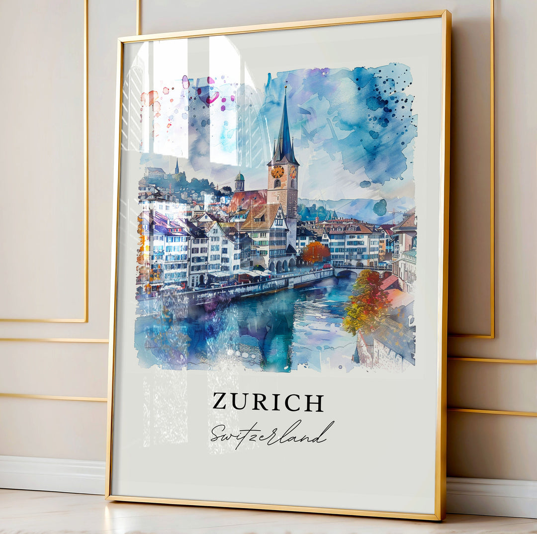 Zurich Watercolor Art, Switzerland Print, Zurich Wall Art, Swiss Art Gift, Travel Print, Travel Poster, Travel Gift, Housewarming Gift