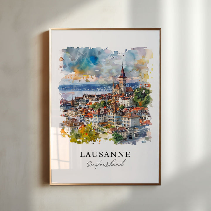 Lausanne Wall Art, Lausanne Switzerland Print, Lake Geneva Watercolor, Vaud Switzerland Gift,